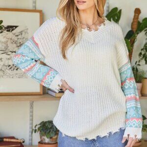 DAVI & DANI PLUS SIZE Boho Distressed White Knit Sweater with Colorful Aztec
